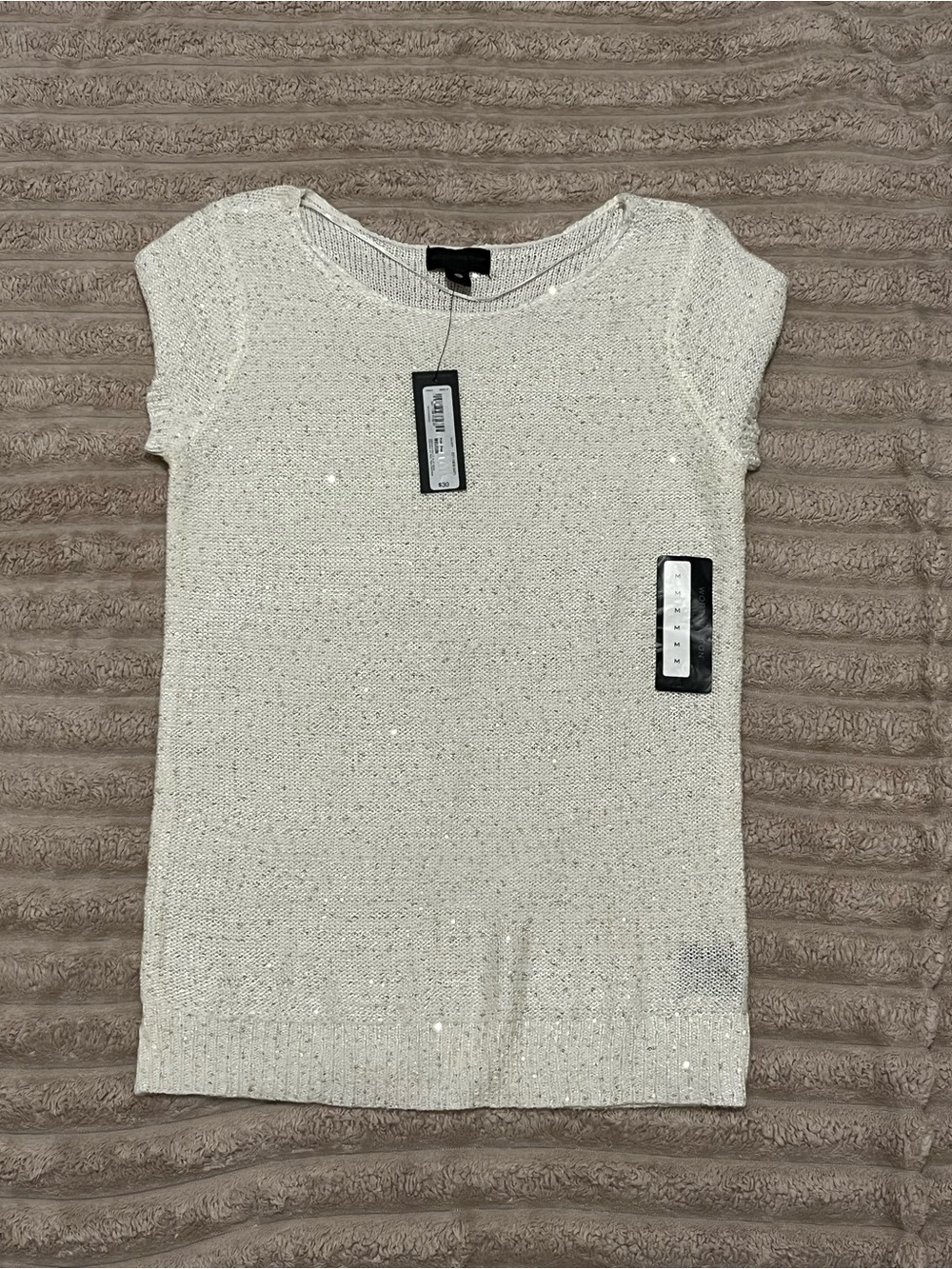 Worthington Cream Short Sleeve Sequin Knit Top